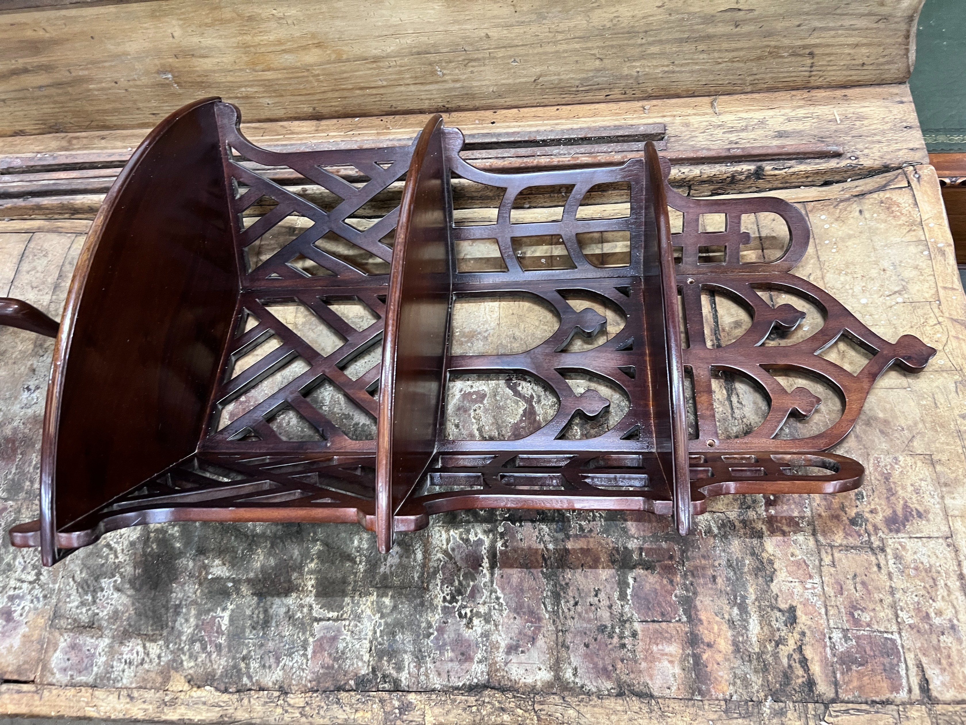 An Edwardian fret cut corner wall bracket, width 54cm, height 92cm together with an Edwardian style mahogany tripod wine table *Please note the sale commences at 9am.